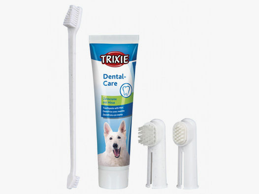 TRIXIE Hunde Zahnpflegeset 100g | Zahncreme Minze, Finger-Zahnbürste, Massagebürste, beidseitige Bür