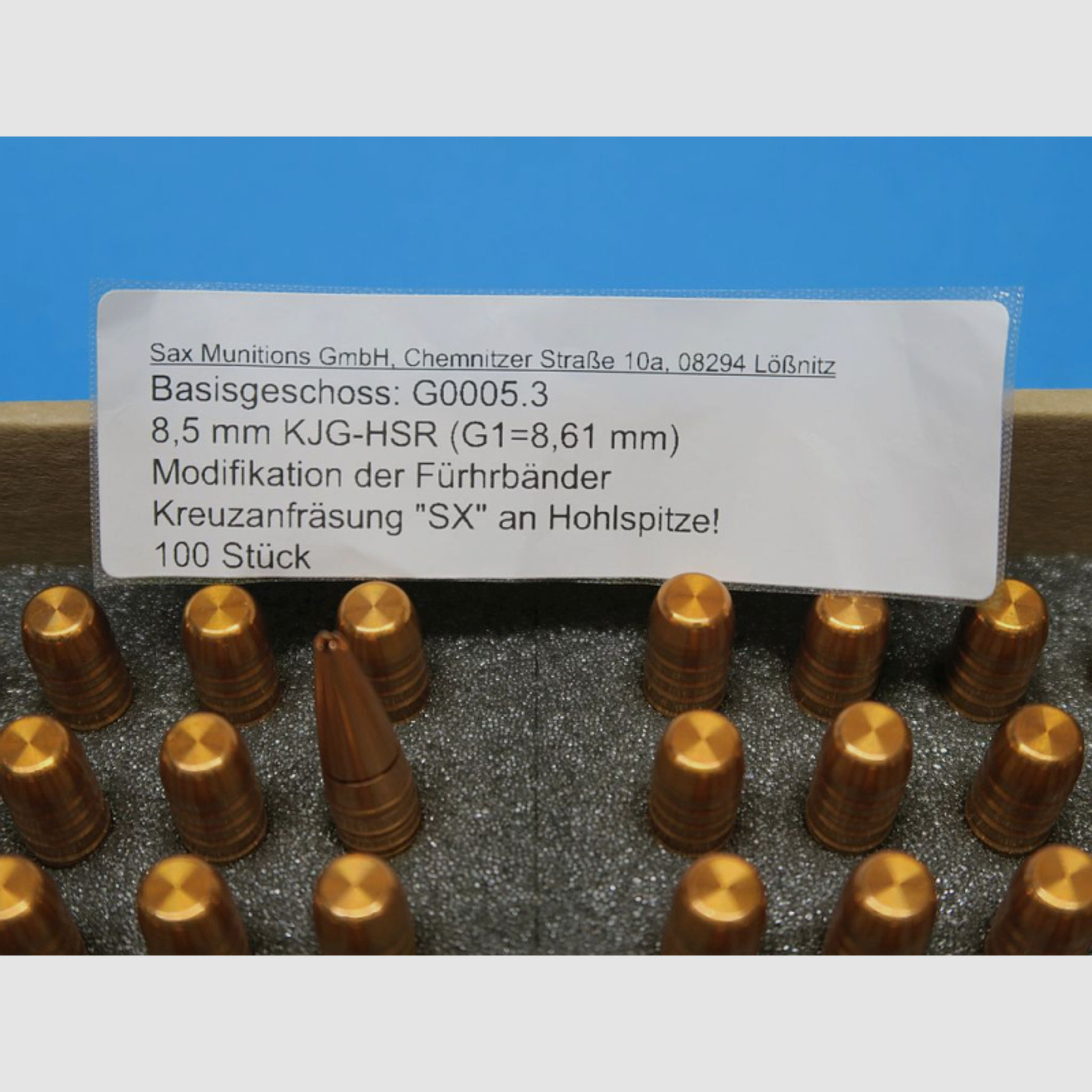 100 Kupferjagdgeschosse .338, 8,5mm SAX KJG-HSR-SX 185gr, 12g, 2,2g Splitter, #G0005.3 mod.