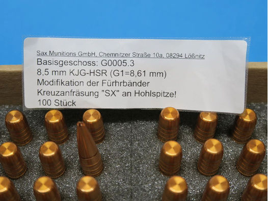 100 Kupferjagdgeschosse .338, 8,5mm SAX KJG-HSR-SX 185gr, 12g, 2,2g Splitter, #G0005.3 mod.