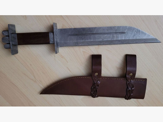 Sehr großes handgeschmiedetes Mittelalter Sax Damast Messer mit echt Lederscheide
