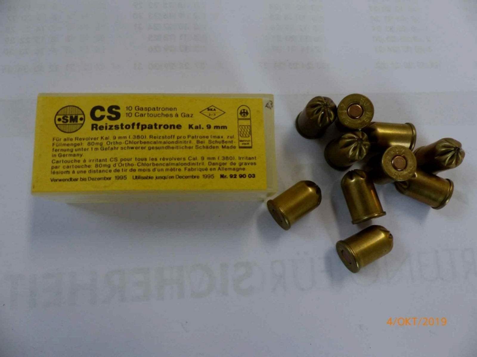 GAS CS-Patronen Kal. 9mm K./380 K. vom Qualitätshersteller SM 1 Packung mit 10 Patronen