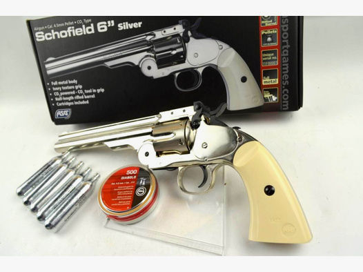 Vollmetall! Schofield 6" Kipplauf-Revolver "Silver" * CO² * Diabolos * mit Starterpaket