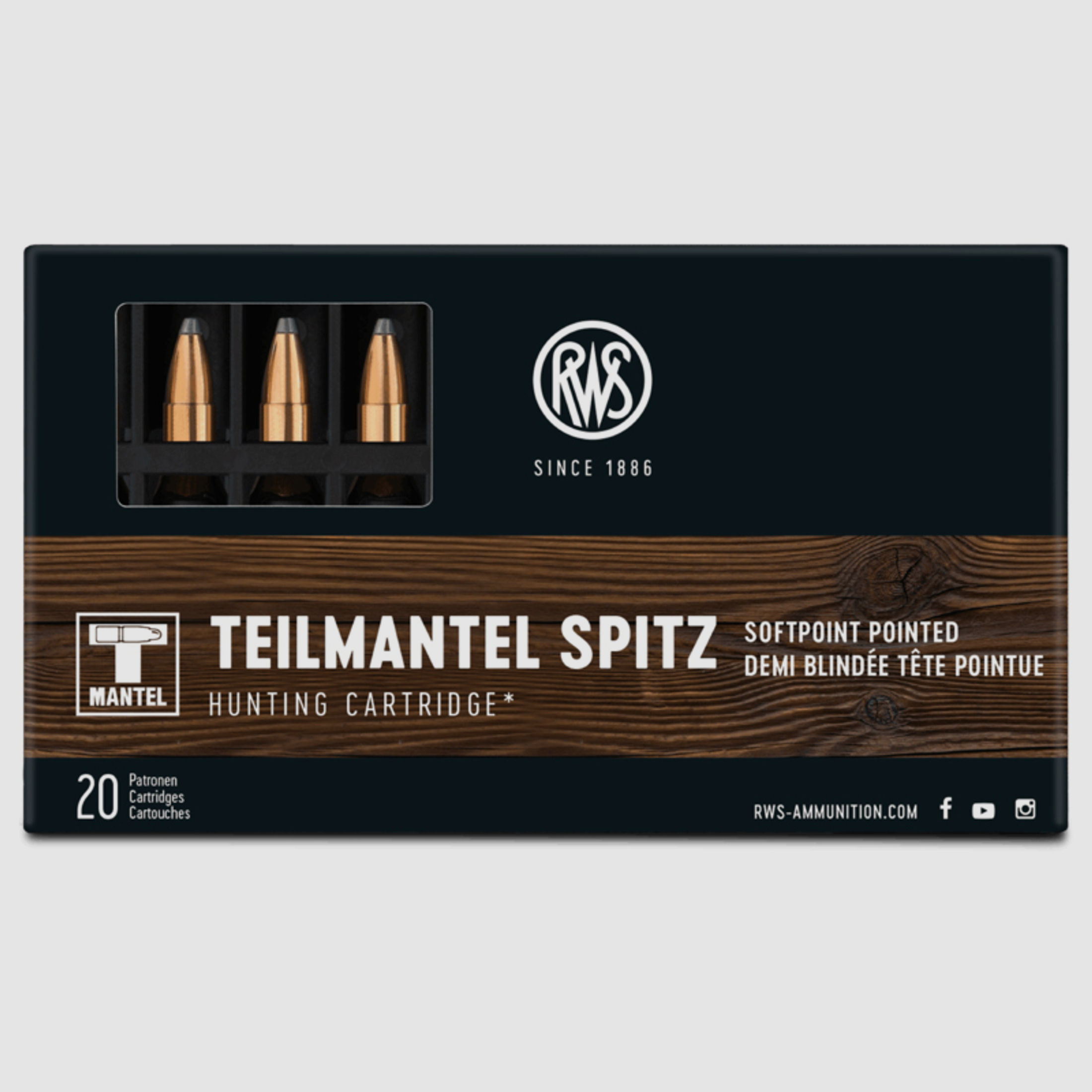 20 Schuss RWS .222 Rem. TMS 50gr 3,2g > Teilmantel Spitz Jagd Munition > Leichtes Wild Reh Fuchs