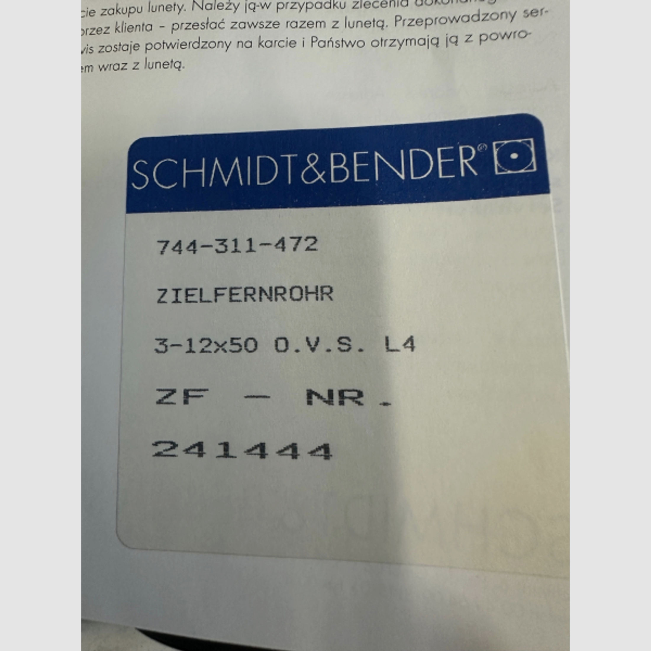 Schmidt & Bender Klassik 3-12x50 L4 Zielfernrohr mit Schiene 3 - 12 x 50 LEUCHTABSEHEN L4