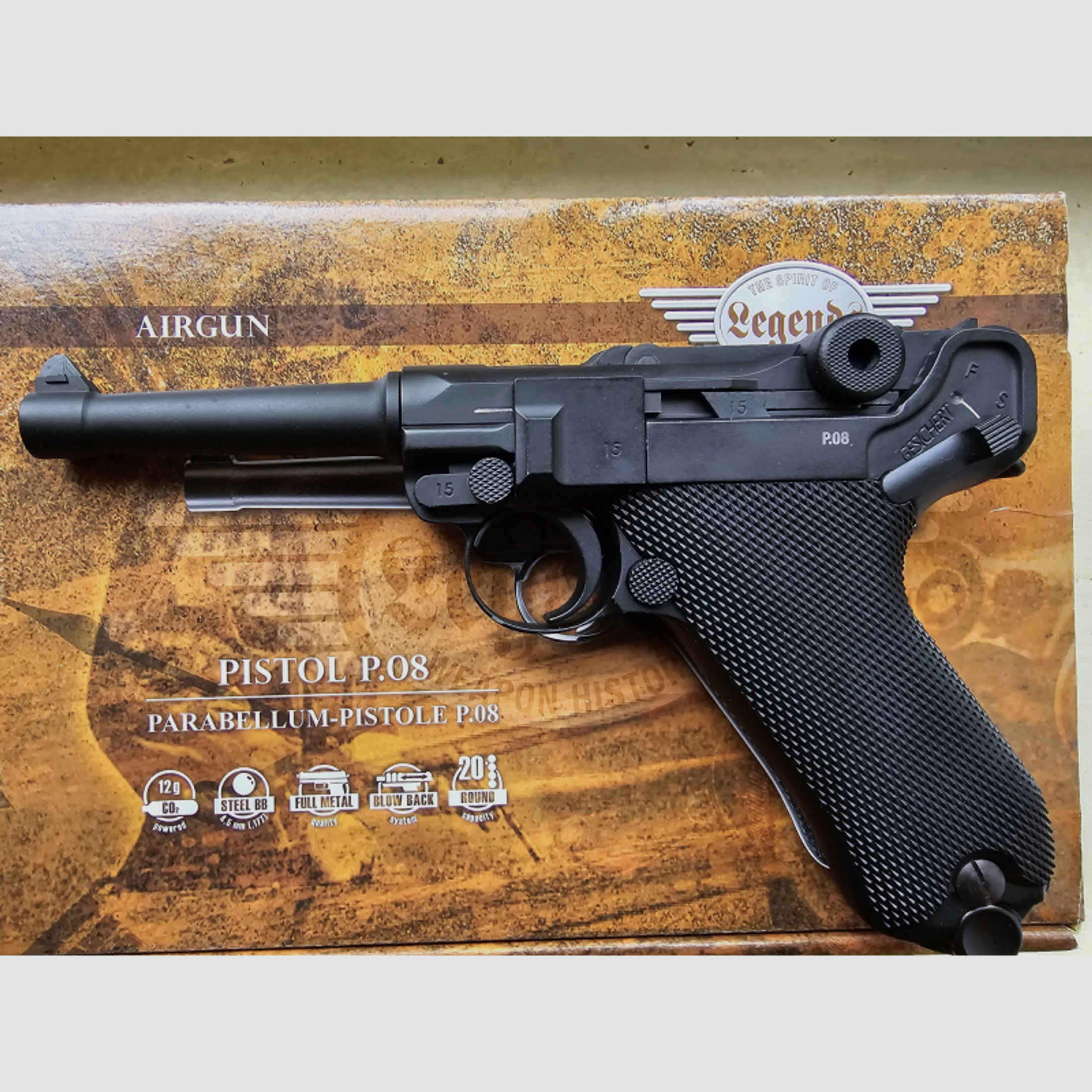 Luftpistolenset Umarex Legends Pistole P08 - 4,5 mm Stahl BB Co2-Pistole in Metallausführung
