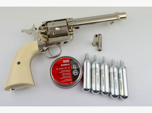 Vollmetall COLT SAA .45 Revolver * Nickel Finish * 4,5 mm Diabolos * 5,5" Lauf * mit Starterpaket
