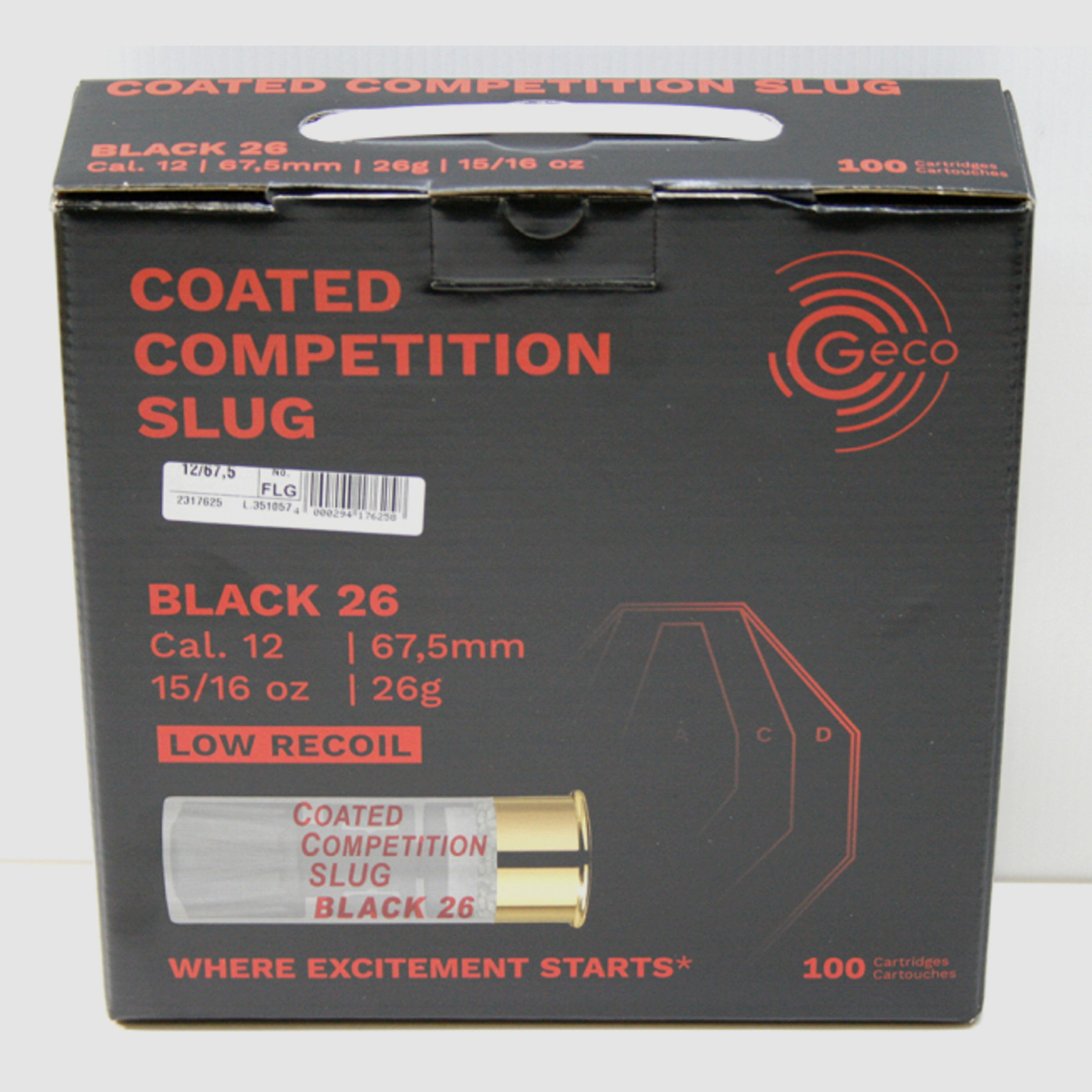 100 Schuss GECO Coated Competition Slug BLACK-26 12/67,5MM 26g 401gr LOW RECOIL Sport Slug FLG IPSC