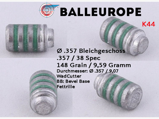 500 Geschoße .38 Special: Ø.357 / 9,07mm 148 Grain Crimprille, Fettrille Wadcutter BB Balleurope K44