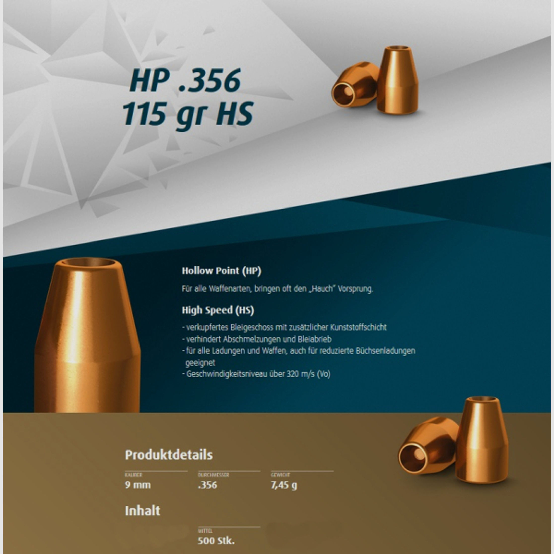 500St. H&N Geschosse .356 / 9mm HP HS 115grs | Haendler&Nattermann BLEIGESCHOSSE