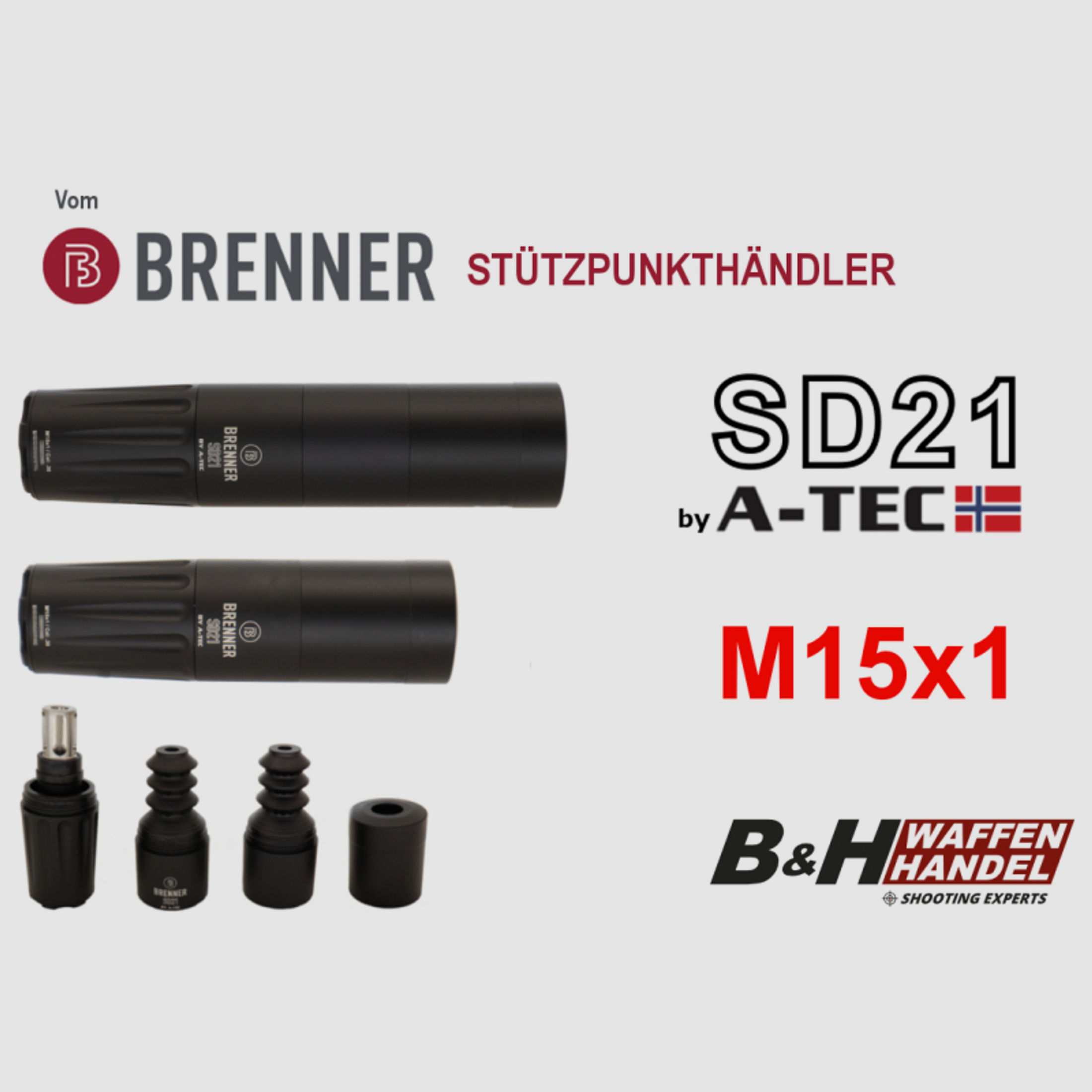 Neuware: Schalldämpfer Brenner SD21 (by A-TEC) M15x1 bis Kal.: .30 over-barrel OB SD