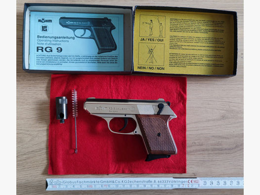 Pistole Röhm RG 9 PTB 413 Kal. 8mm Vernickelt mit Holzgriffschalen NEU