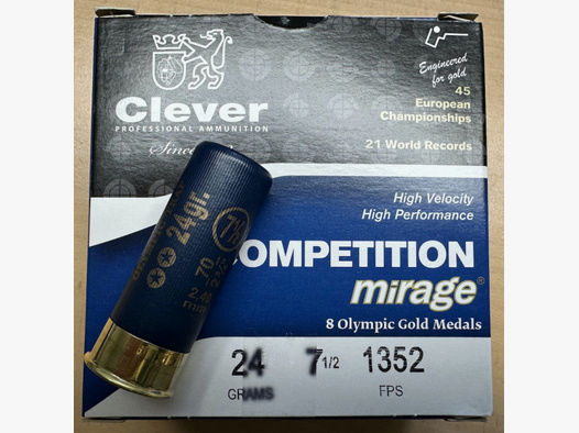 250 Patronen - 12/70 Clever Mirage Schrotpatronen Competition - T2 - #7,5 - 2,4mm - Trap - 24g