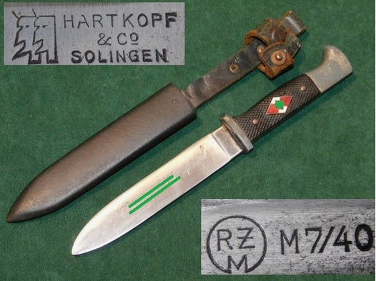 HJ-Fahrtenmesser Hartkopf & Co. Solingen und RZM M7/40 mit Devise, seltener Typ (172)