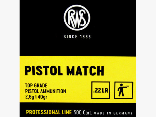 50 Stück / Schuss RWS .22 l.r. lfb KK Munition PISTOL MATCH 40grs 2,6g LRN Blei Rundkopf 275m/s