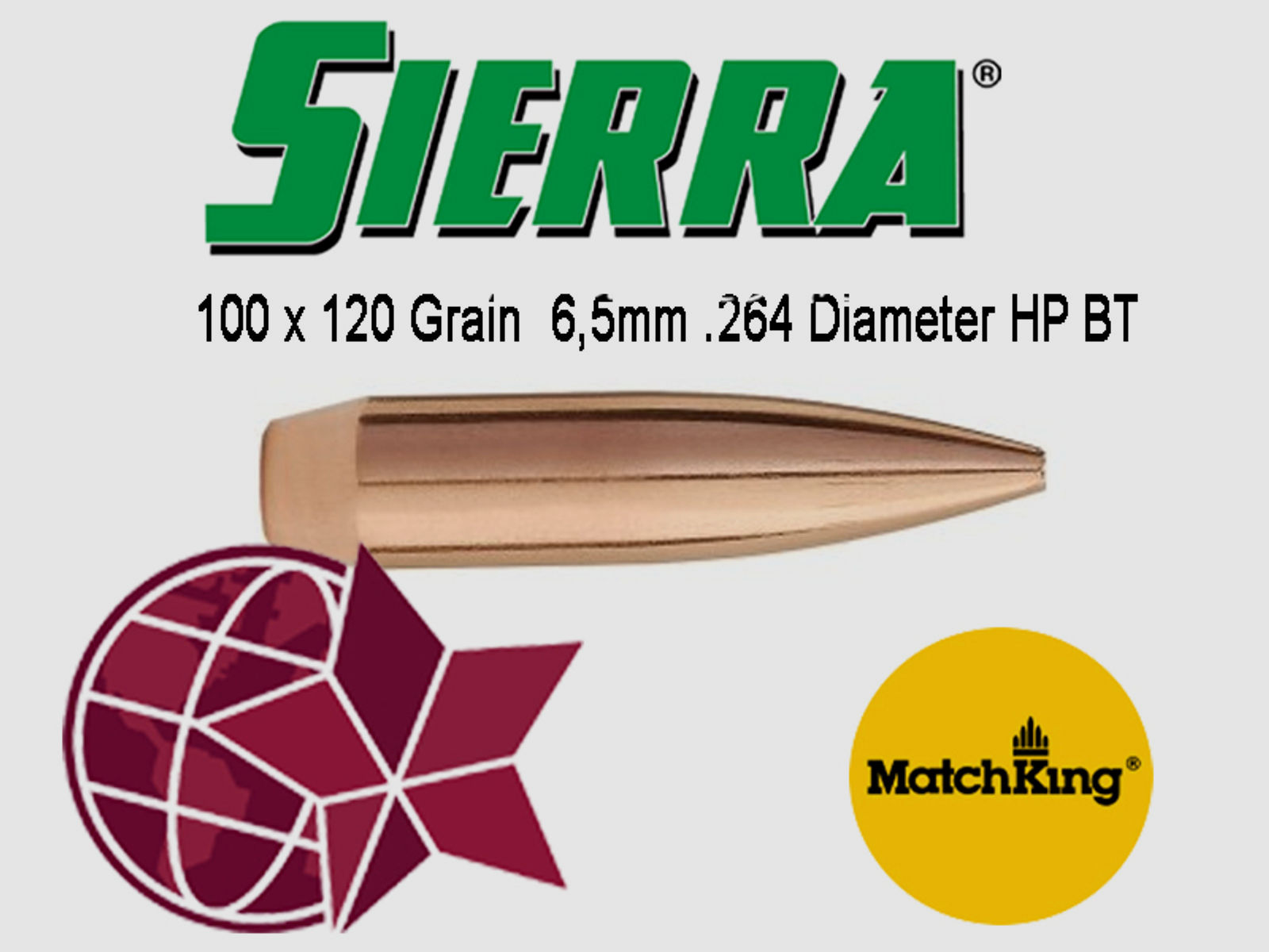 6,5: 100 Stück Sierra Matchking 6,5mm / cal .264 mit 120 Grain Hollow Point HP Boattail BT #1725 L58