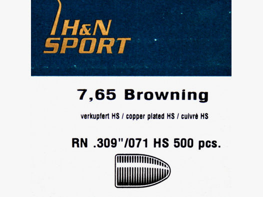 500St. H&N Geschosse .309 7,65 Browning RN HS 71grs/4,6g|Haendler&Natermann BLEIGESCHOSSE Rundkopf