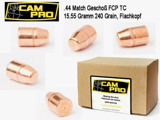 500 x .44 Magnum TC FCP 15,55 Gramm 240 Grain Geschoße Kaliber CamPro Match Vollmantel Flachkopf K26