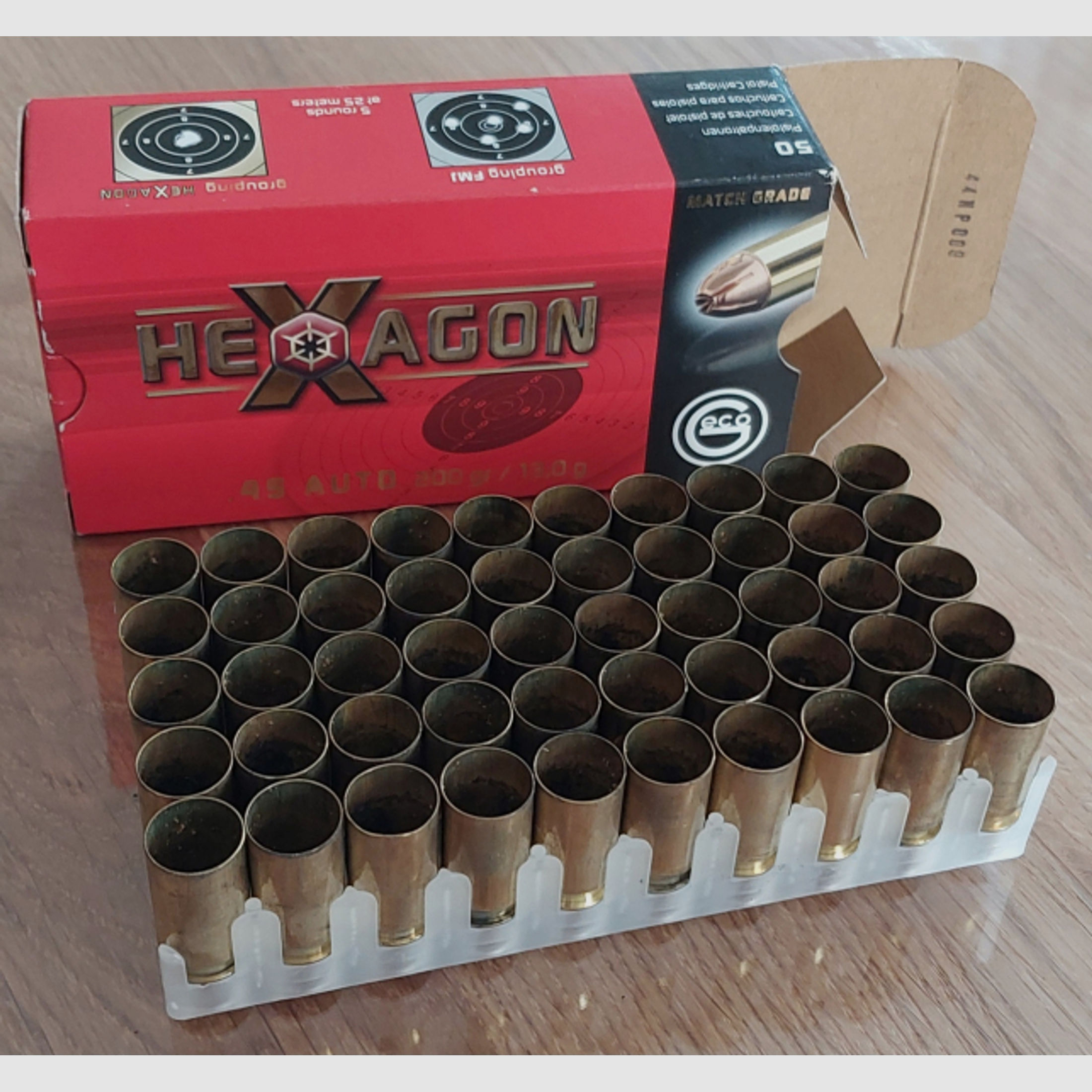 50 Stück GECO Hexagon Hülsen zum Wiederladen .45 ACP / .45 Auto Boxerzünder