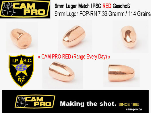 1000 x 9mm Luger 114 Grain 7,39 Gramm 355 FCP RN CAMPRO RED IPSC Vollmantel IPSC Match Geschosse K45