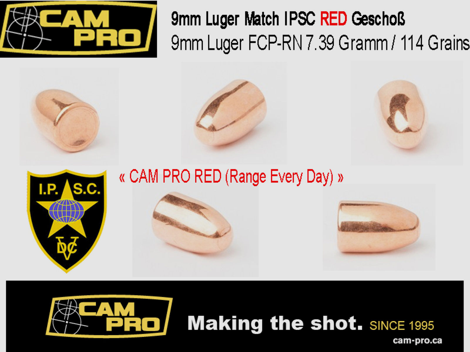 1000 x 9mm Luger 114 Grain 7,39 Gramm 355 FCP RN CAMPRO RED IPSC Vollmantel IPSC Match Geschosse K45