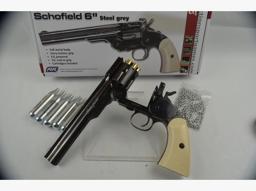 Vollmetall! Schofield 6" Kipplauf-Revolver "Steel Grey" * CO² * BB´s * mit Starterpaket