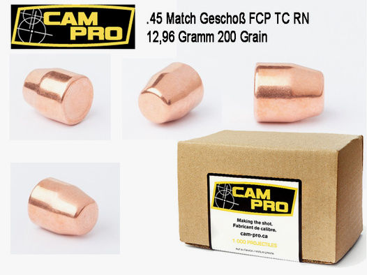 500 x .45 ACP 200 Grain 12.96 Gramm Vollmantel FCP Kegelstumpf TC CamPro Campro Match Geschosse K61
