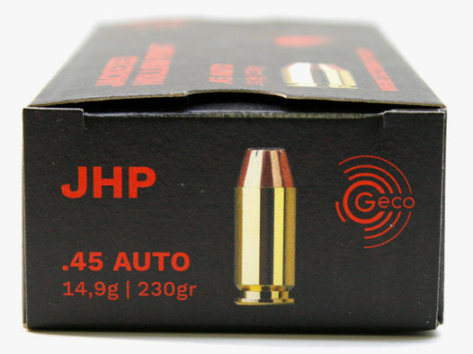 50 Schuss GECO .45 AUTO ACP JHP Fangschussmunition Hohlspitz Defense 14.9g 230gr hohe Präzsion Stopp