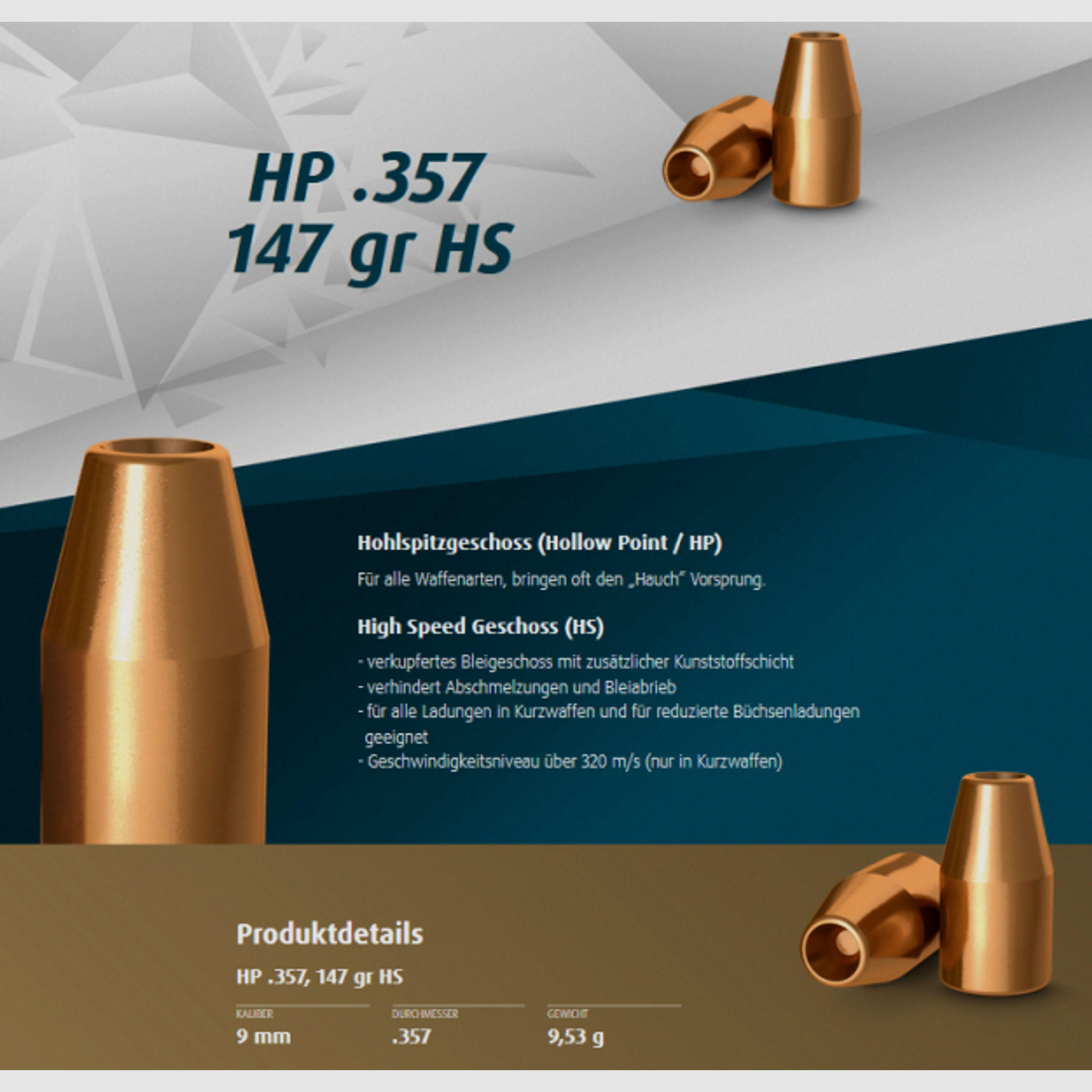 500St. H&N Geschosse .357 / 9mm HP HS 147grs - Hohlspitz-Geschoss | Haendler&Natermann High Speed