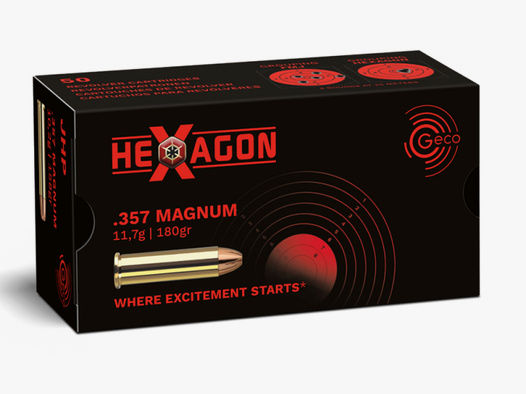 50 Schuss GECO .357 Magnum HEXAGON Hohlspitz MATCH Munition 180gr 11,7g Revolverpatronen Präzision !