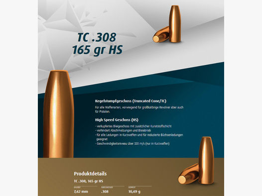 500St. H&N Geschosse .308 - 7,62mm | 165gr - 10,69g Haendler & Natermann BLEIGESCHOSSE Langwaffe TC