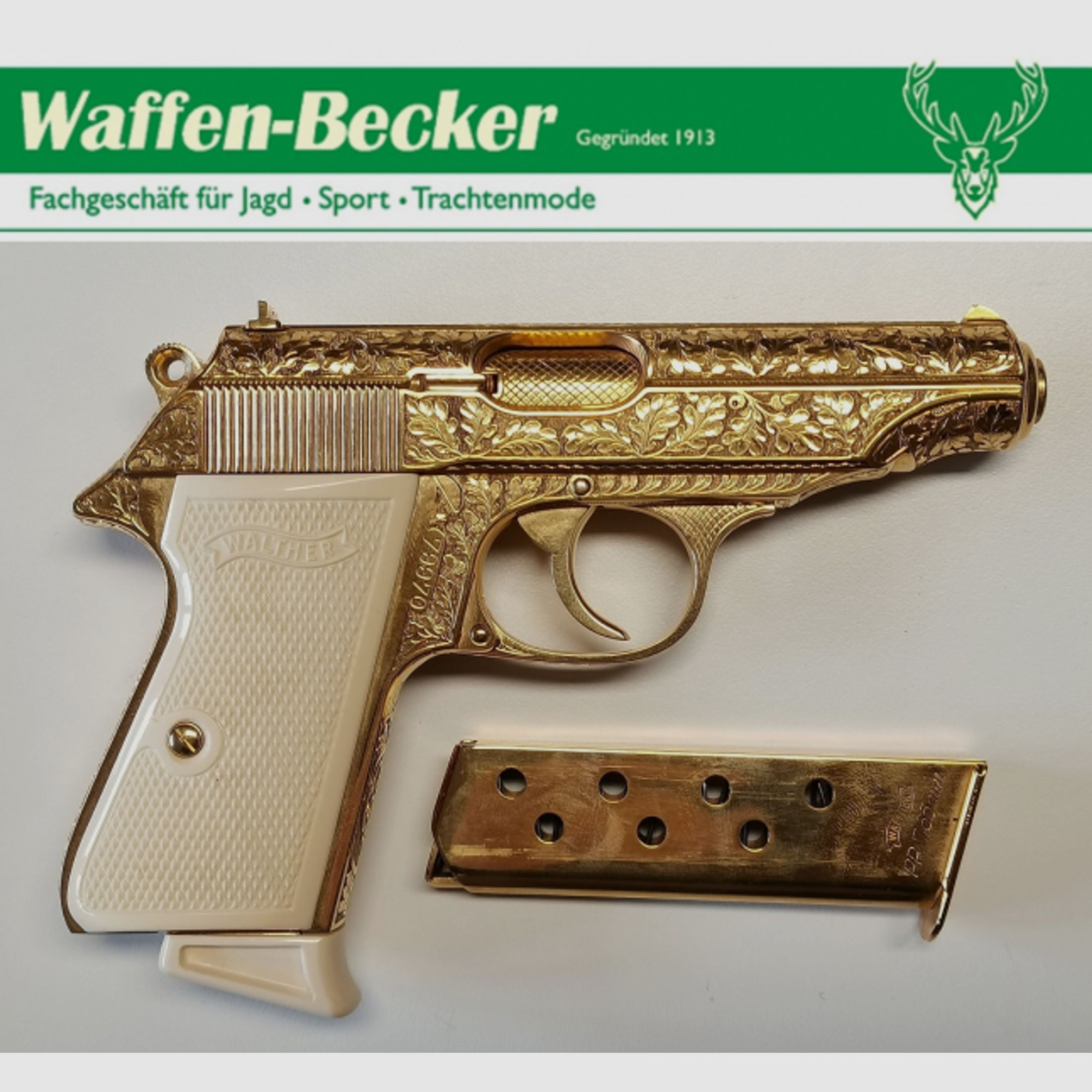 Pistole Walther PP Eichenlaubgravur, gold Kal. .7,65mm Browning in Geschenkschatulle