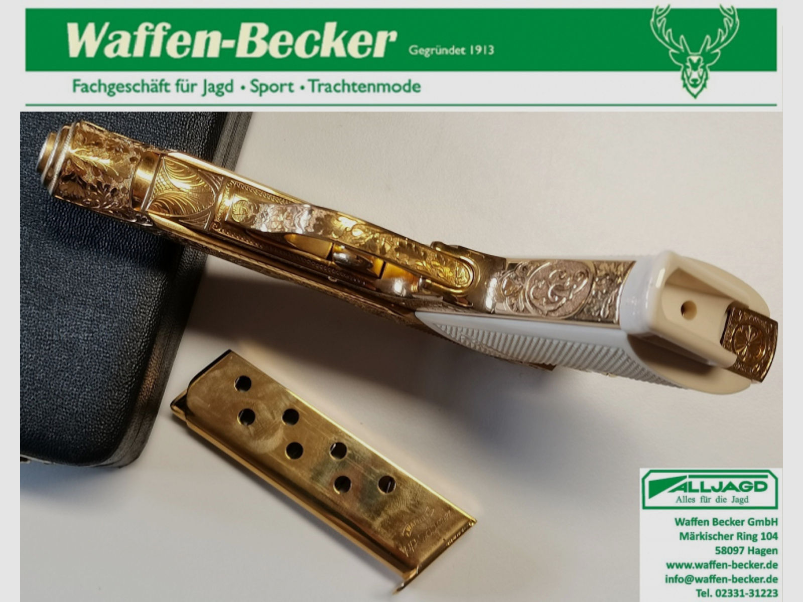 Pistole Walther PP Eichenlaubgravur, gold Kal. .7,65mm Browning in Geschenkschatulle