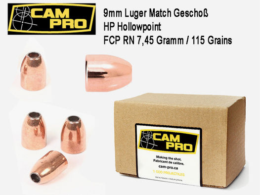 9mm: 500 Geschoße 115 Grains 7.45 Gramm HP Hohlspitz FCP Vollmantel rund 9.02mm Match CamPro K39