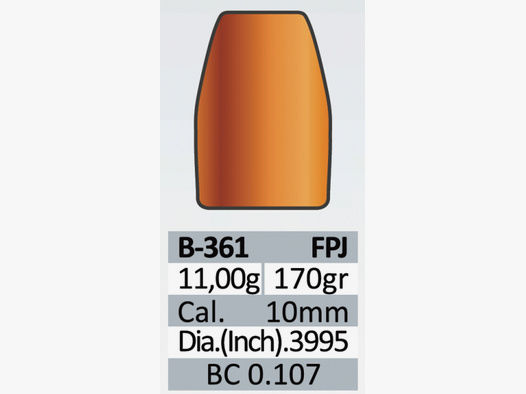 100 Stück PPU | PrviPartizan 10mm Geschosse #B-361 | .3995 170grs / 11,00g FPJ Vollmantel-Flachkopf