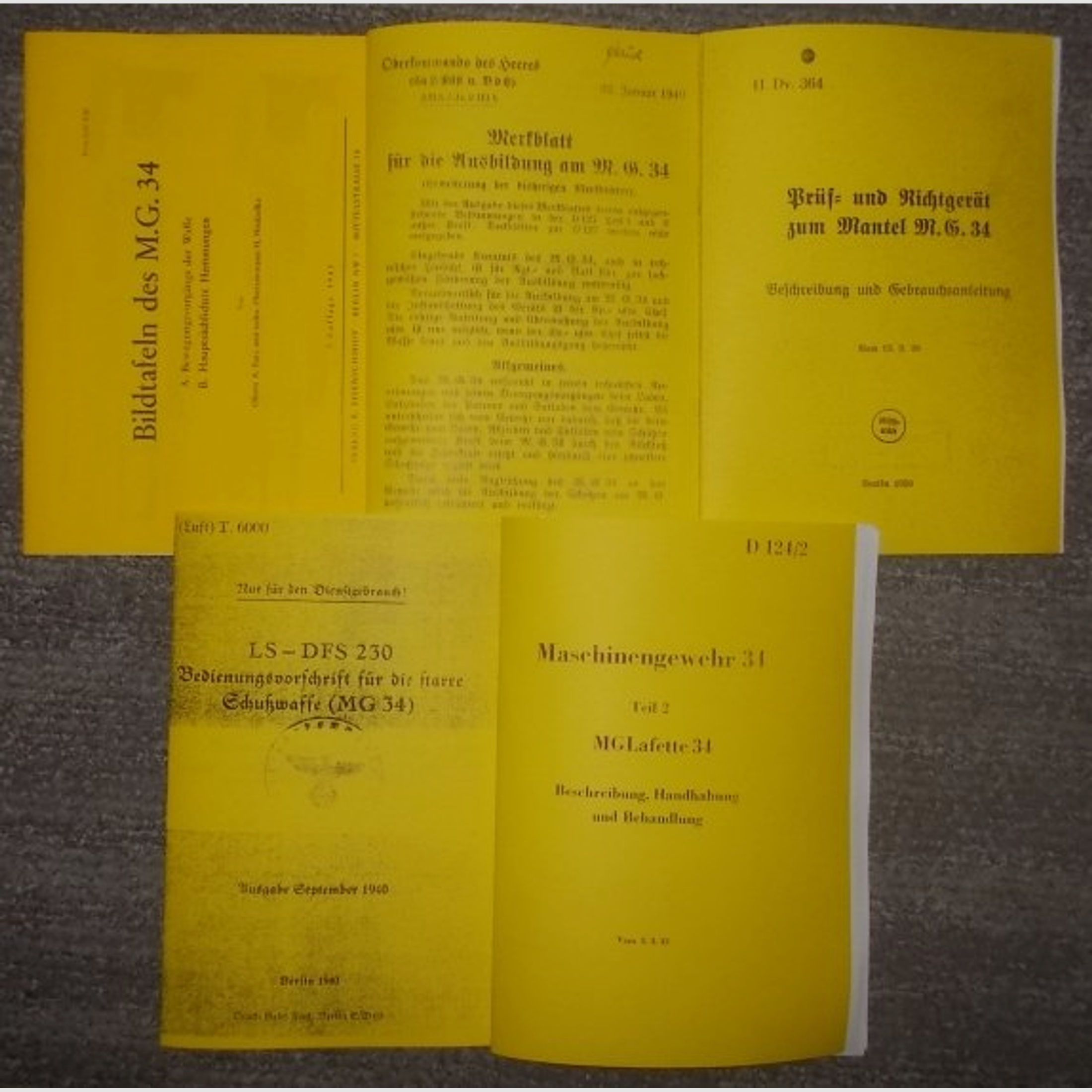 5 Hefte MG34 Dienstvorschrift Beschreibung Lafette 34 Merkblatt Bildtafel Prüfgerät usw. 1939-43