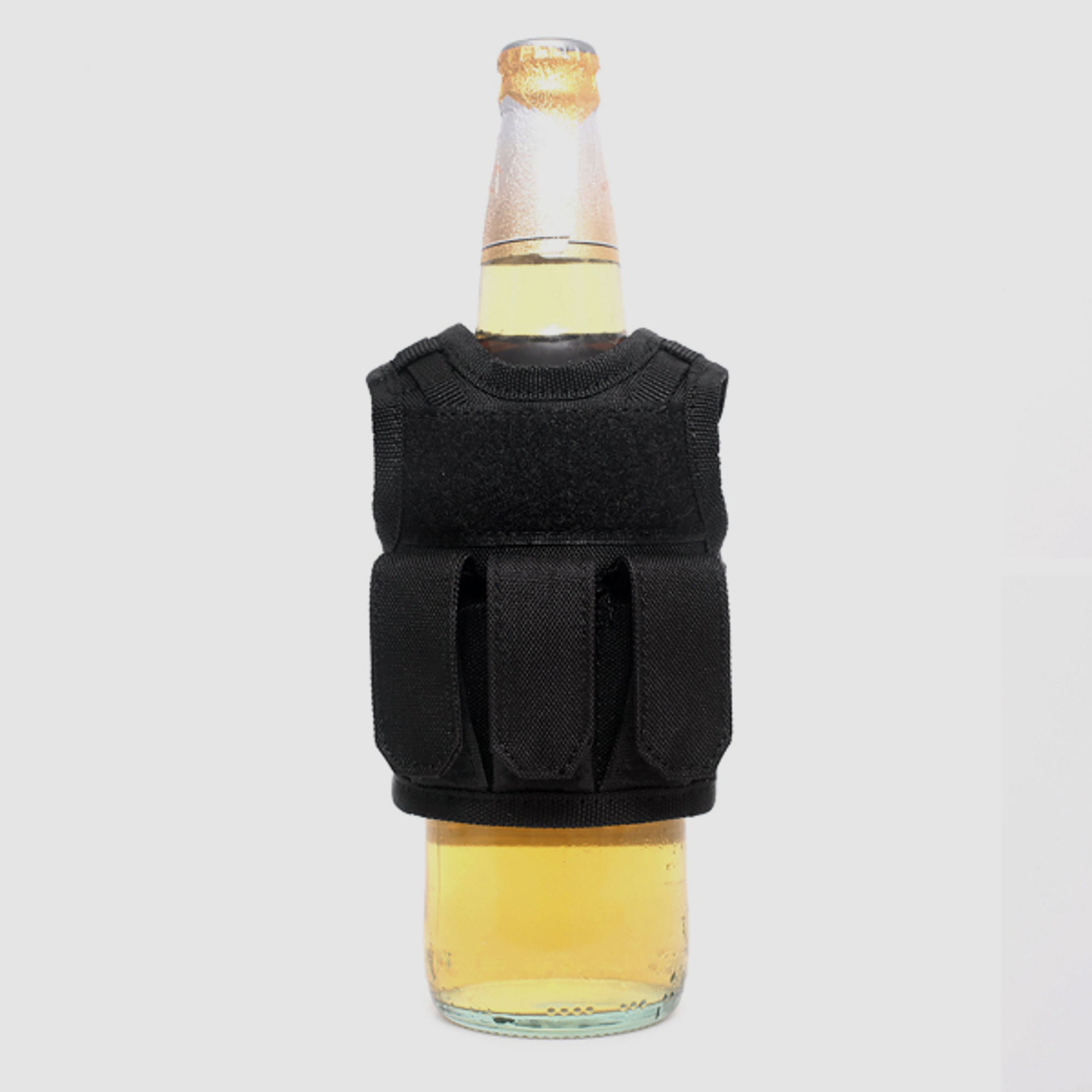 Mini Tactical Schutzweste mit Fronttaschen für Bierflasche / Wein / Thermosflasche - Schwarz