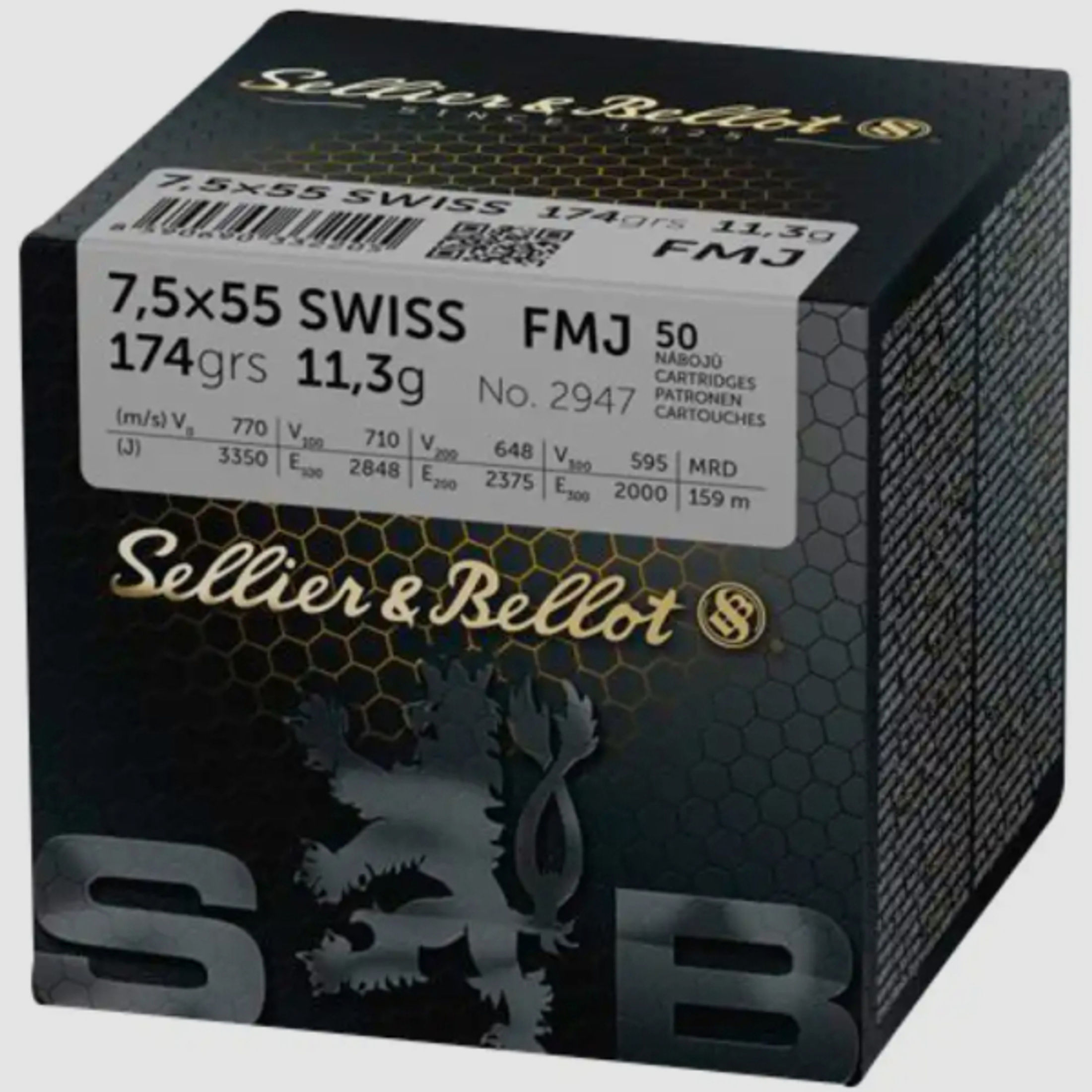 50 Schuss S&B Sellier&Bellot SuB 7,5x55 SWISS 7.5 x 55 FMJ Vollmantel 174grs 11,3g Messinghülse Boxe