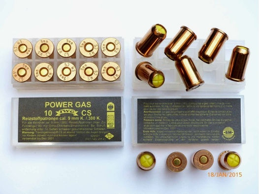 Achtung POWER GAS CS-Patronen Kal. 9mm K./380 K. vom Qualitätshersteller SM