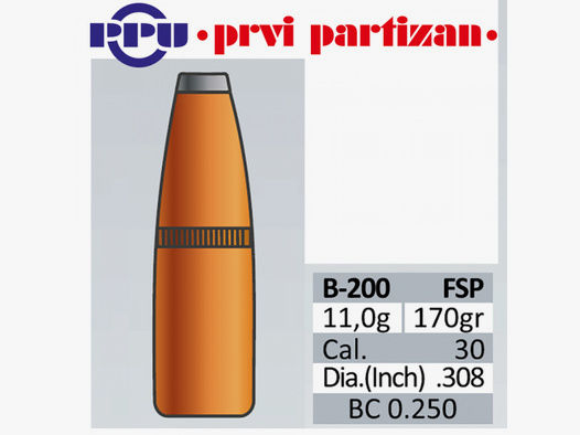 50 Stück PPU | PrviPartizan Geschosse #B-200 - .308(7,62) FSB Teilmantel 170gr/11,0g - FlatSoftPoint
