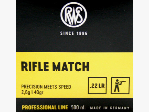 50 Stück / Schuss RWS .22 l.r. lfb KK Munition RIFLE MATCH 40grs 2,6g LRN Blei Rundkopf 330 m/s