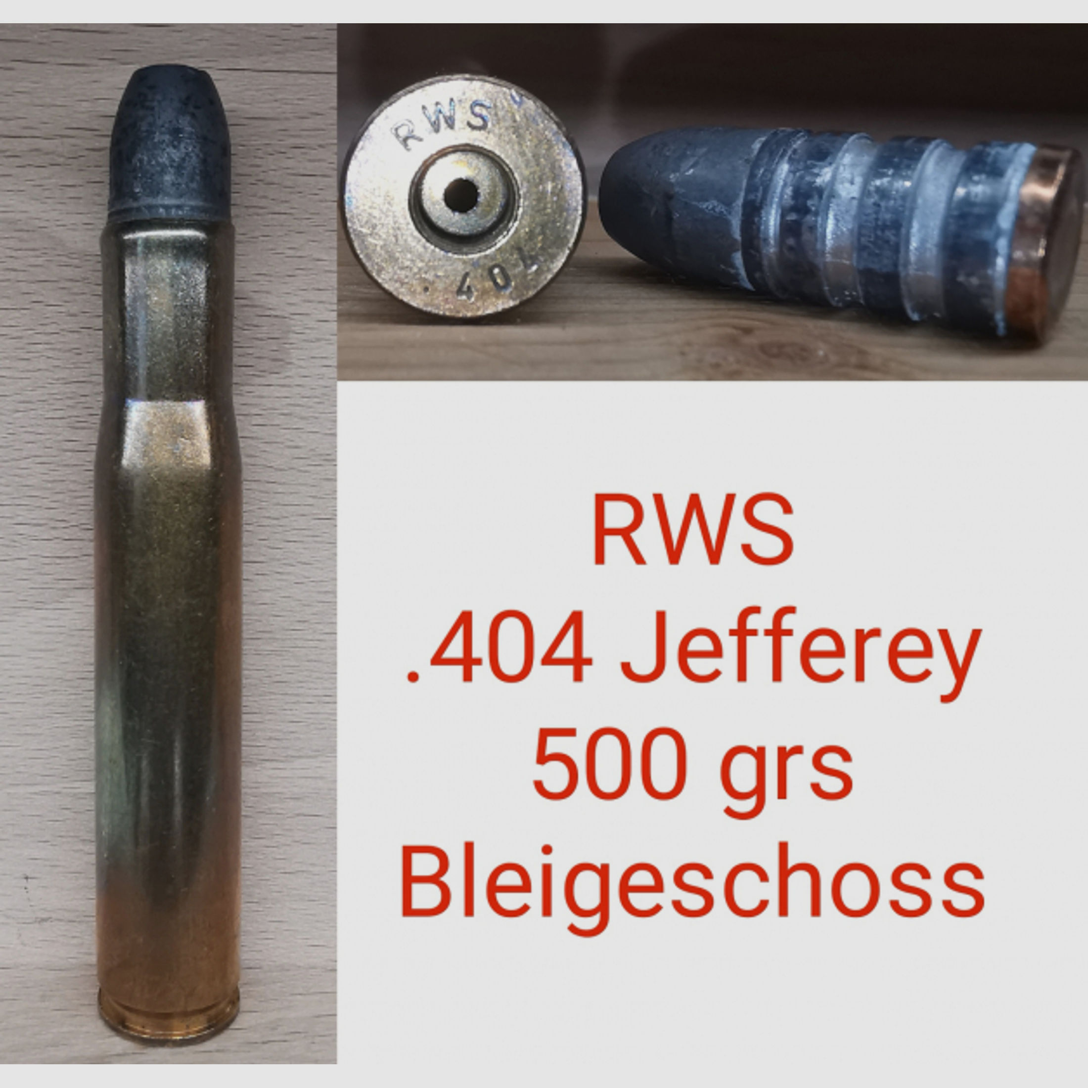 .404 Jefferey, RWS, 500grs-Gwschoss, Blei, Deko-Patrone