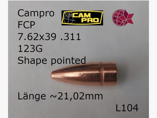 .311 7,62x39 500 Geschoße 123 GRAIN FCP Shaped Pointed .254 Micron, Crimp CamPro L104