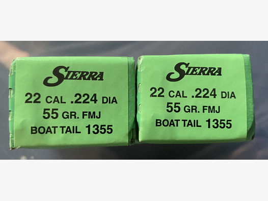200 Geschosse Sierra .22 / 224 DIA 55 gr. FMJ Boat Tail 1355 Riefle Bullets