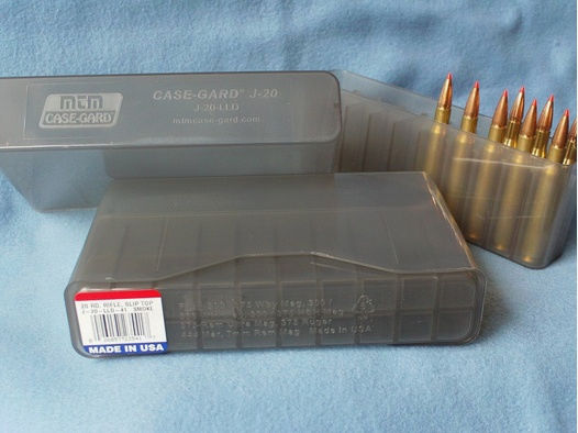 MTM CASE-GARD J 20er LLD Patronenbox mit Stülpdeckel in Clear Smoke .300 WinMag, 9,3x62, .444 Ma.243