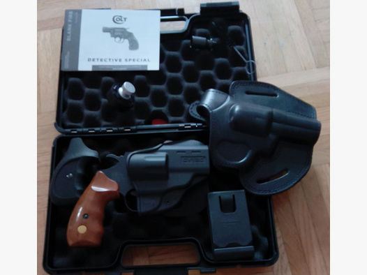 Schreckschuss Revolver Colt Detective Special schwarz Holzgriffschalen Kaliber 9 mm R.K. mit Zubehör