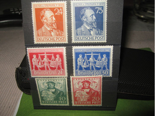 6x alte Briefmarken 2x Messe Hannover 1948 und 2x Messe Hannover 1949 und 2x Heinr. von Stephan Post