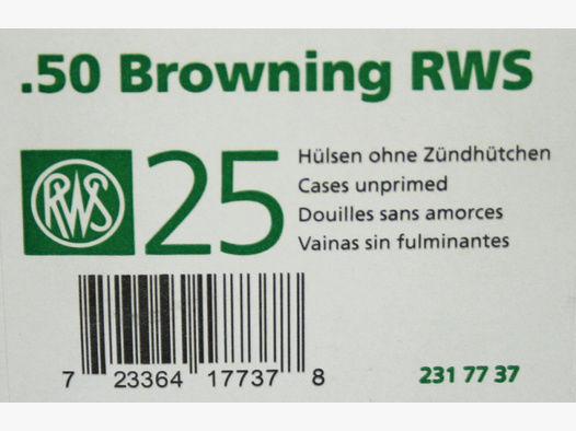 25 Stück NEUE RWS .50 Browning BMG Premium Wiederladehülsen ungeschossen ohne Zünder 1 x 25er NEU !
