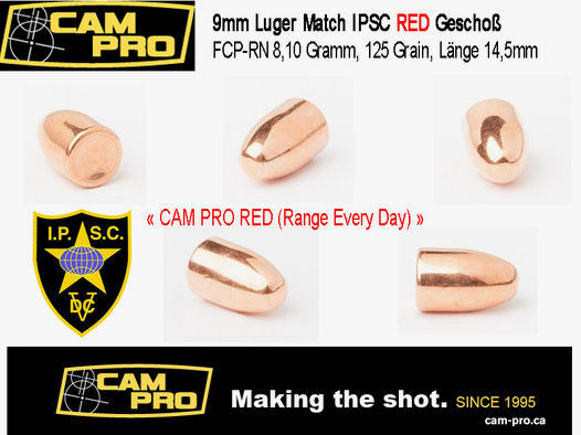 1000 x 9mm 125 Grain 8,10 Gramm Luger CAMPRO RED IPSC FCP RN Geschoß Vollmantel Training & Match K34