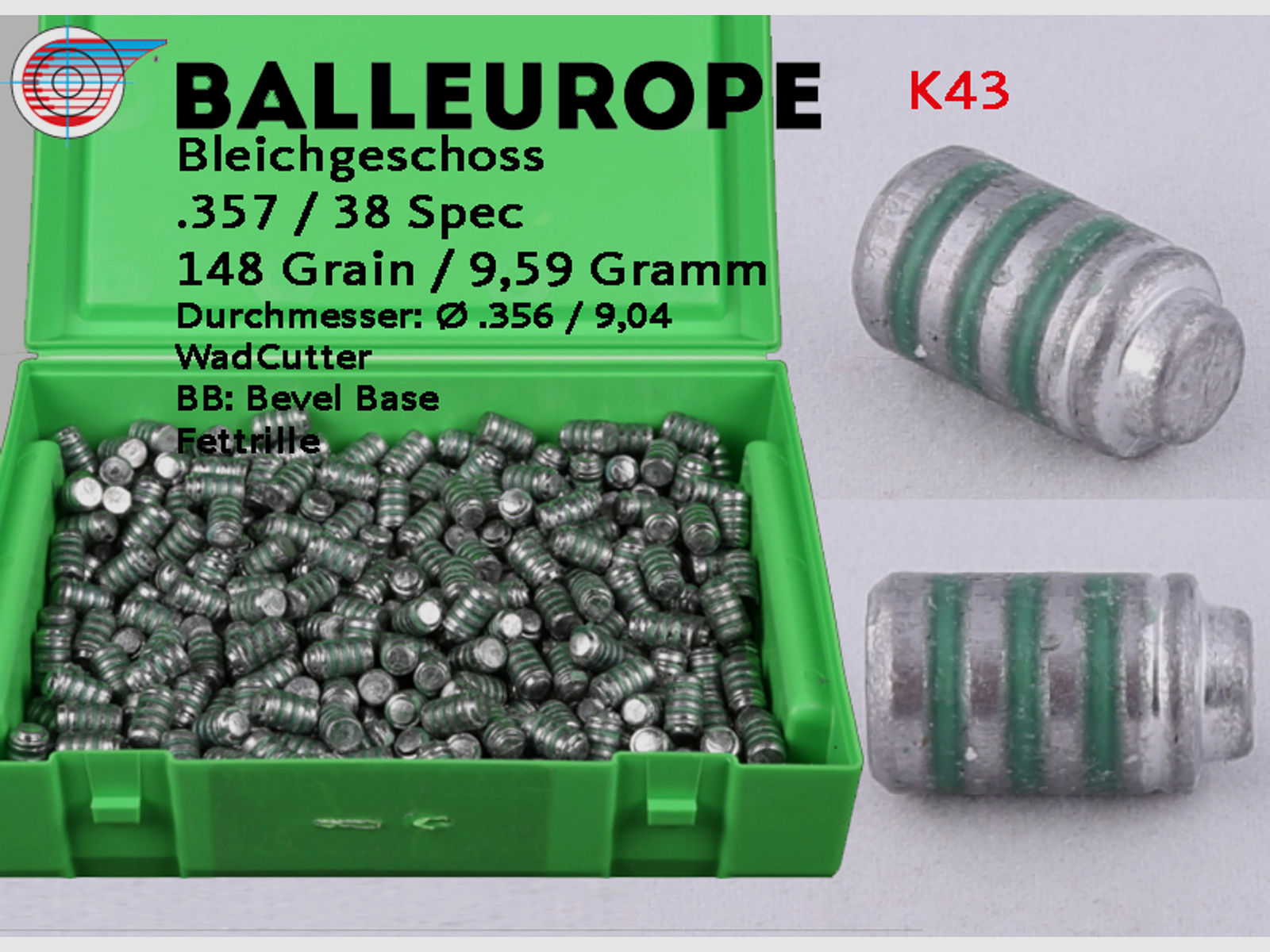 500 Geschoße .38 Special: Ø.356 / 9,04mm 148 Grain Crimprille, Fettrille Wadcutter BB Balleurope K43