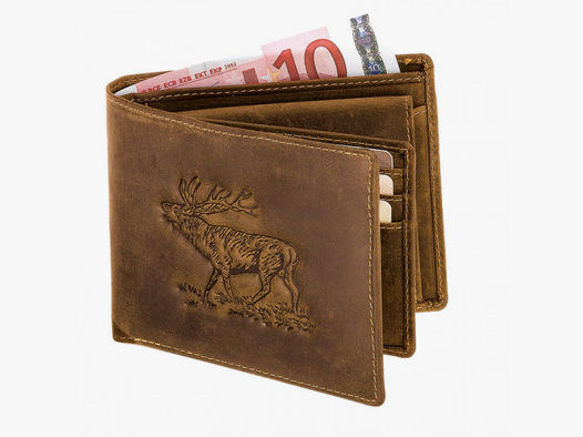 Geldbörse mit HIRSCH Rotwild Prägung | aus Antikleder | 11,5 x 9,5cm 2xGeldfach 7xKreditkarte ...